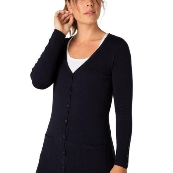 Yest Yaella Dark Blue Long Button Front Cardigan Style 80482 Size 12 - Picture 2 of 7